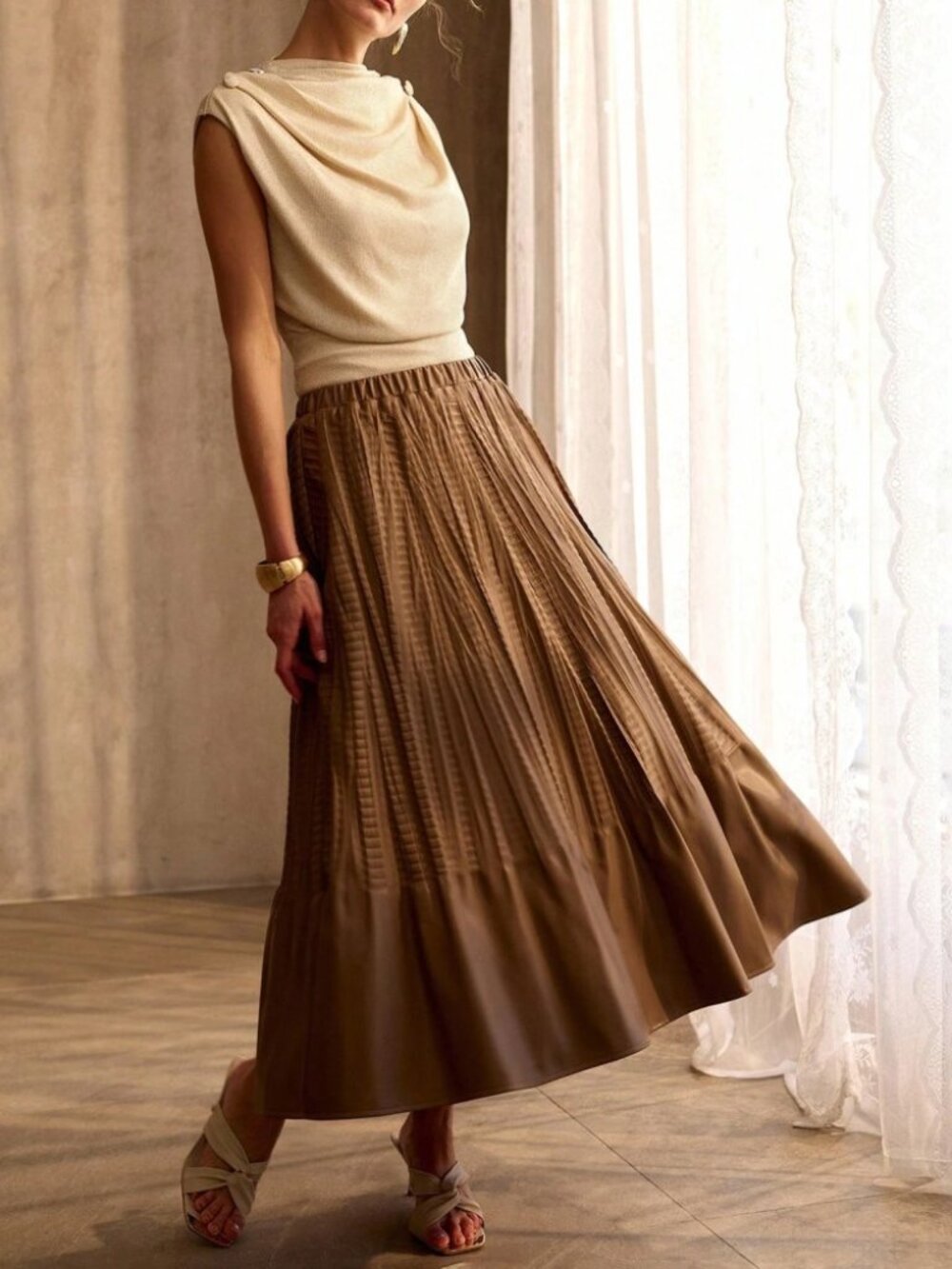 Brown Faux Leather Crinkled Pleated Elastic Waist A-Line Maxi Skirt - Picture 2 of 7